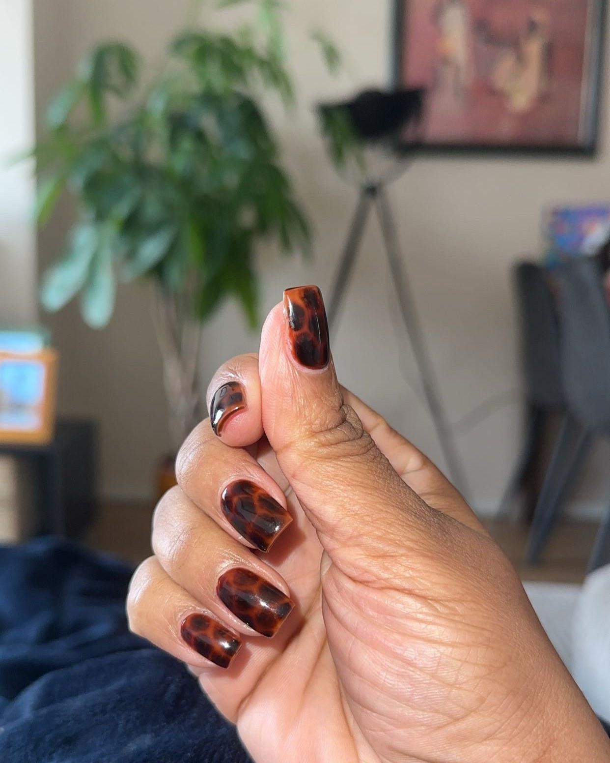 Korte nagels met een bruine schildpadprint